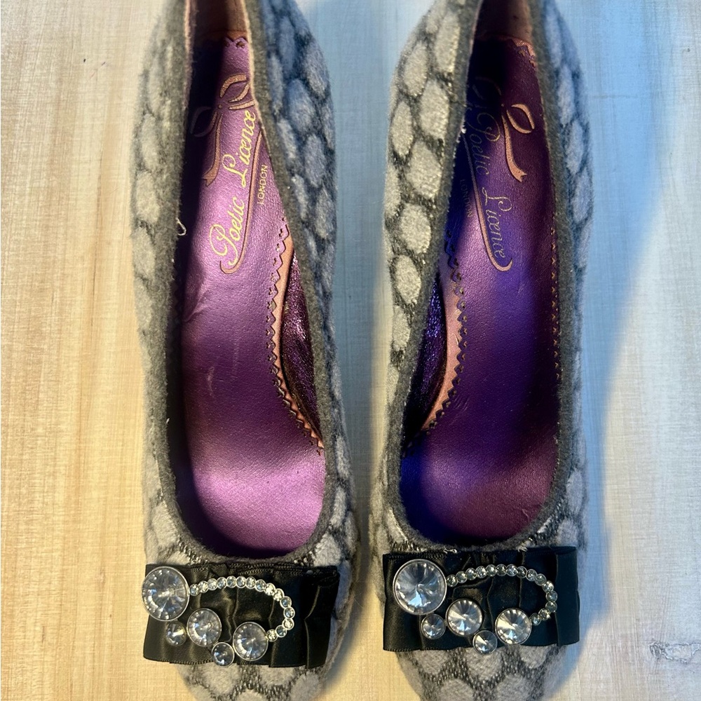 Poetic License Gray Heels with Black Bow and Crystal Accents